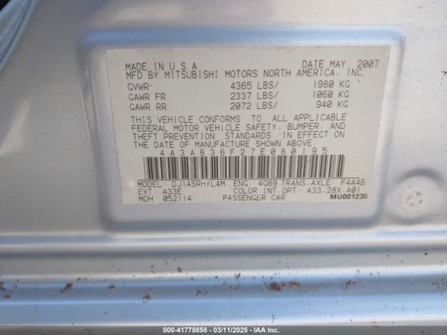 2007 MITSUBISHI GALANT 4A3AB36F27E080195 Photo 8