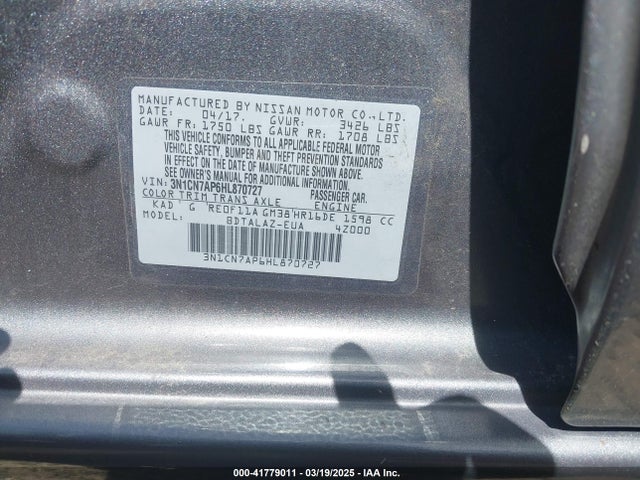 3N1CN7AP6HL870727 Nissan Versa 1.6 S+