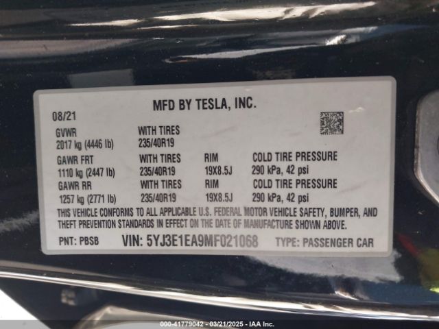 5YJ3E1EA9MF021068 Tesla Model 3 Standard Range Plus Rear-wheel Drive