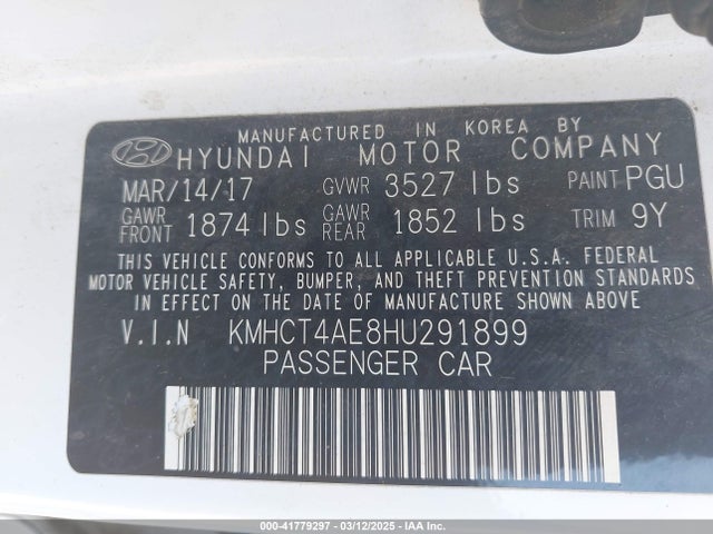 KMHCT4AE8HU291899 Hyundai ACCENT SE