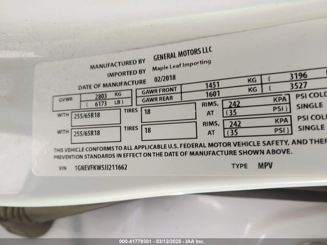 1GNEVFKW5JJ211662 Chevrolet Traverse Ls