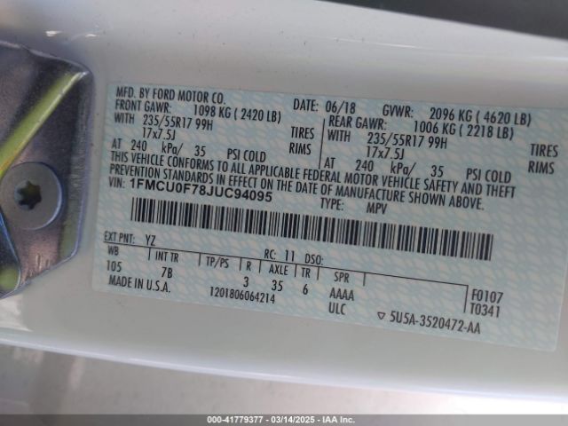 1FMCU0F78JUC94095 Ford ESCAPE S