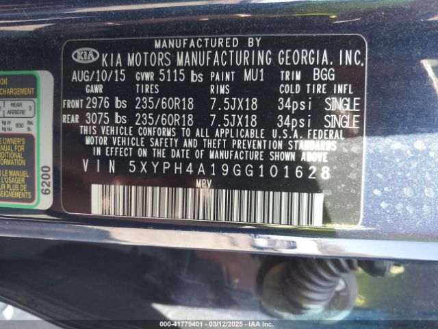 5XYPH4A19GG101628 KIA Sorento 2.0t Ex