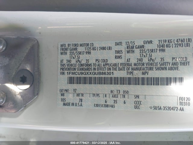 1FMCU9GXXGUB86301 Ford ESCAPE SE