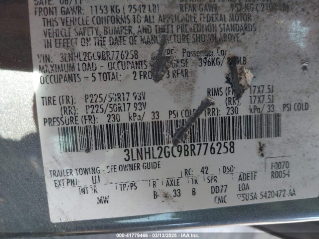 41779466 :رقم المزاد ، 3LNHL2GC9BR776258 vin ، 2011 Lincoln Mkz مزاد بيع