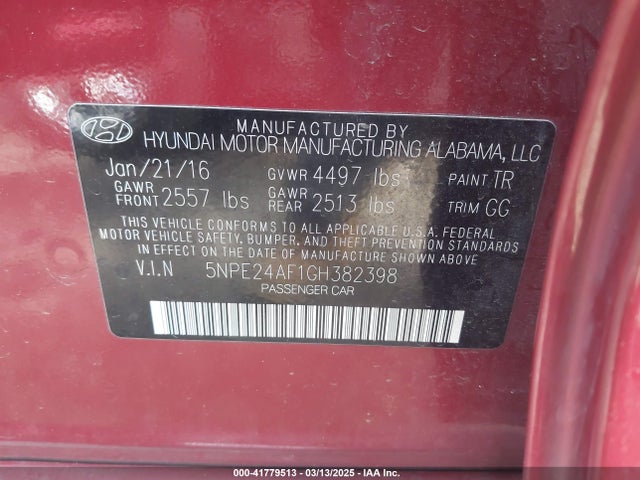 5NPE24AF1GH382398 Hyundai SONATA SE