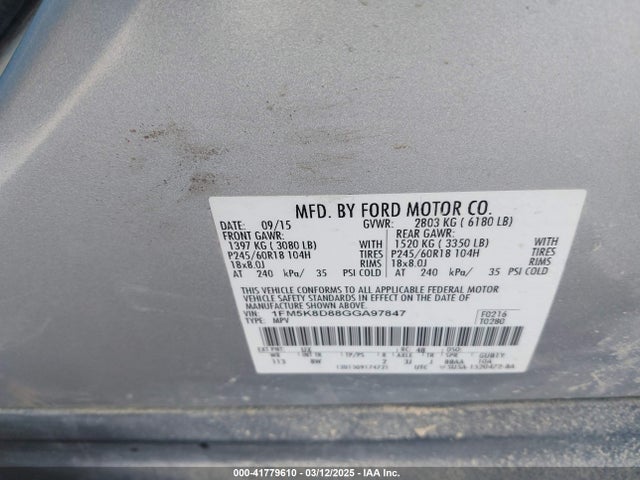 1FM5K8D88GGA97847 Ford EXPLORER XLT