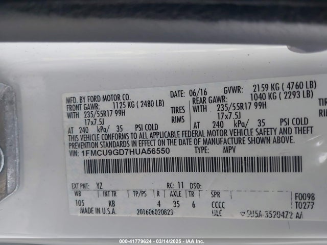 1FMCU9GD7HUA56550 Ford ESCAPE SE