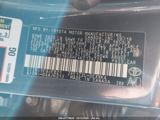 2T1BURHE4KC134729 Toyota COROLLA LE