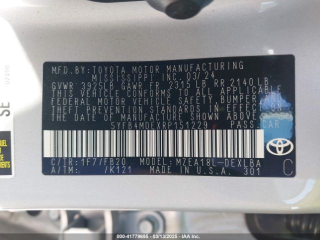 5YFB4MDEXRP151229 Toyota COROLLA LE