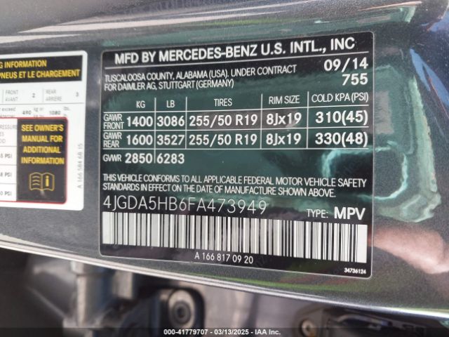 4JGDA5HB6FA473949 Mercedes-Benz Ml 350 4matic
