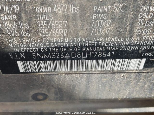5NMS23AD8LH178541 Hyundai gdi theta ii