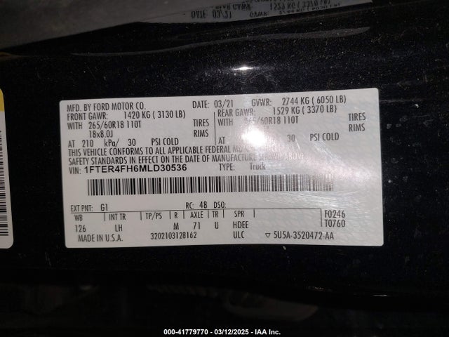1FTER4FH6MLD30536 Ford Ranger Xlt