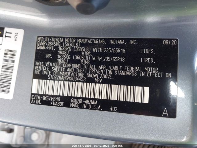 5TDZZRAH6MS034453 Toyota Highlander Le