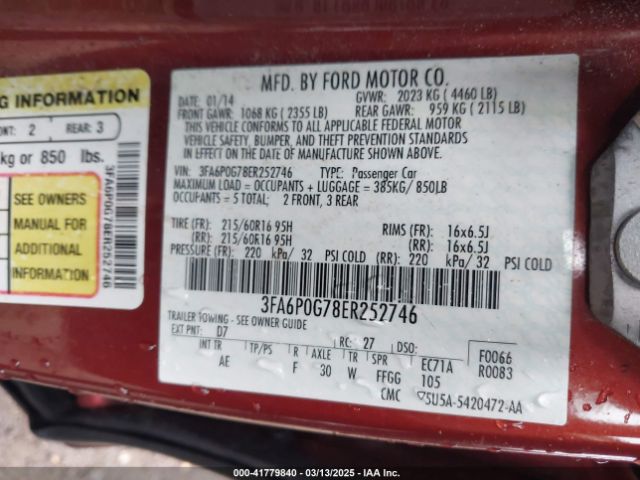 3FA6P0G78ER252746 Ford FUSION S