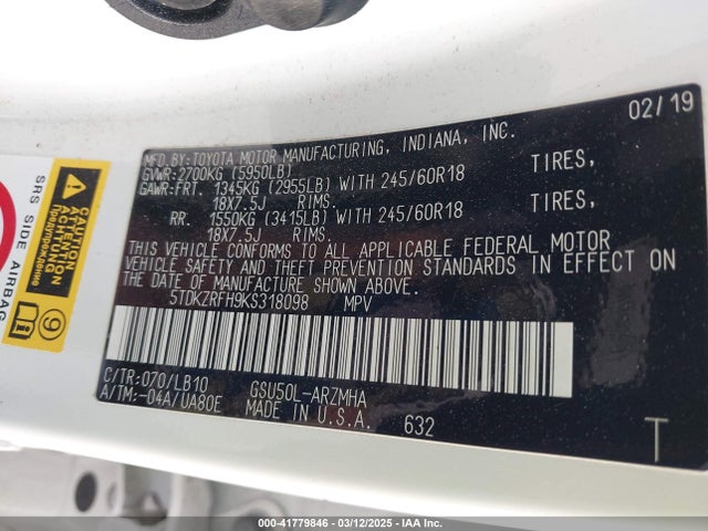 5TDKZRFH9KS318098 Toyota Highlander Xle