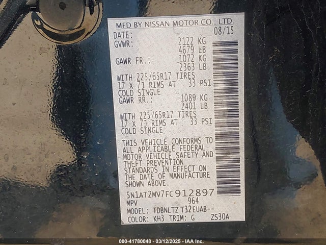 5N1AT2MV7FC912897 Nissan ROGUE SV
