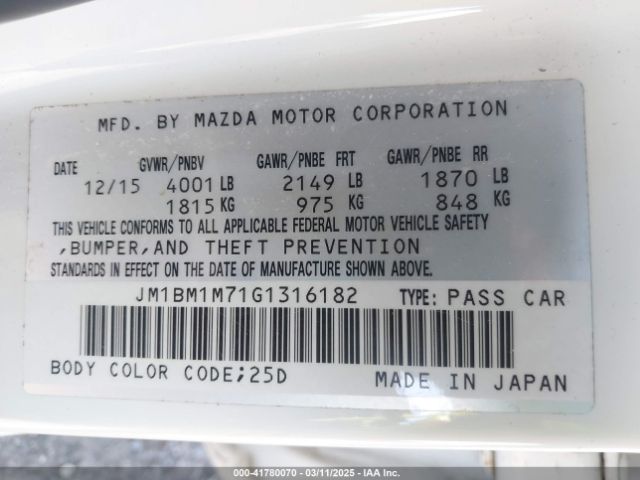 JM1BM1M71G1316182 Mazda Mazda3 I Touring