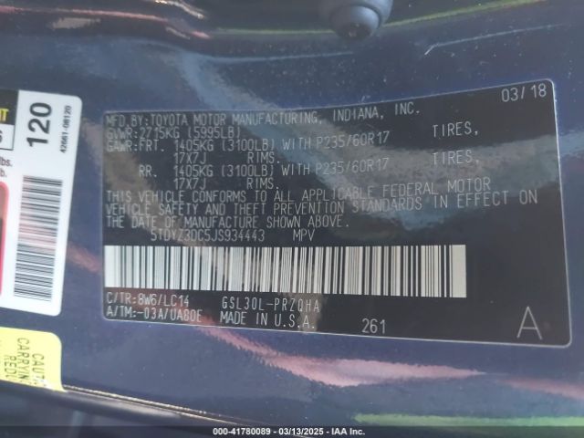 5TDYZ3DC5JS934443 Toyota Sienna Xle 8 Passenger