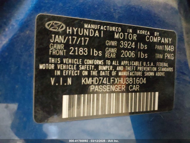KMHD74LFXHU381604 Hyundai ELANTRA SE