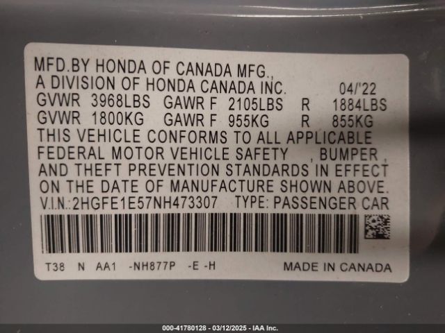 2HGFE1E57NH473307 Honda CIVIC SI SEDAN