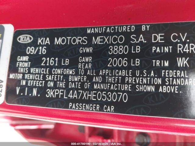 3KPFL4A7XHE053070 KIA FORTE S