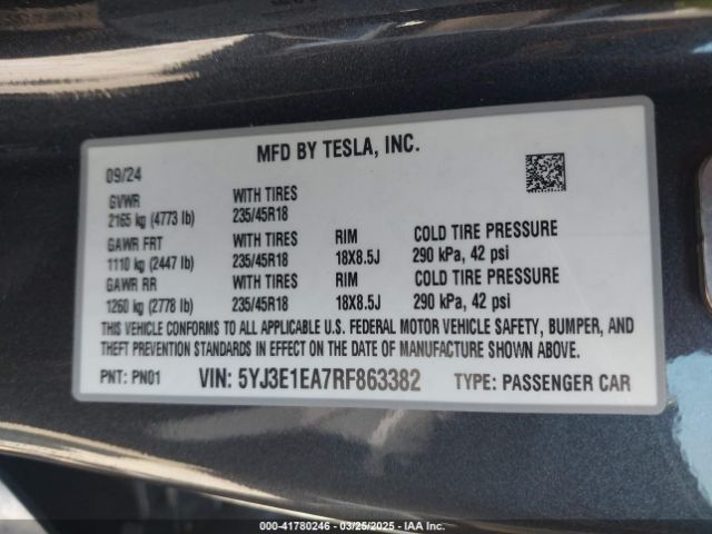5YJ3E1EA7RF863382 Tesla Model 3 Long Range Dual Motor All-wheel Drive/rear-wheel Drive