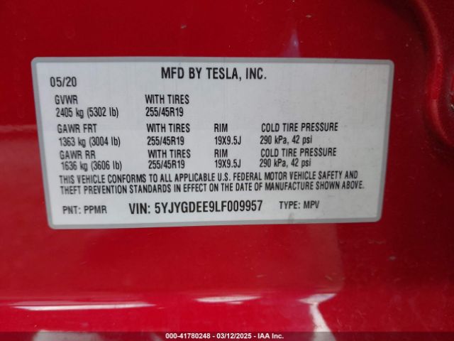 5YJYGDEE9LF009957 Tesla Model Y Long Range Dual Motor All-wheel Drive