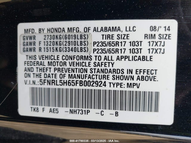Honda Odyssey Ex-l 2015 5FNRL5H65FB002924 Image 9