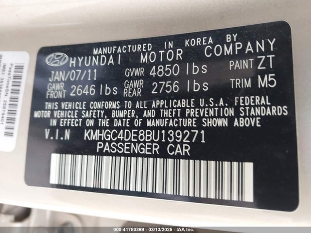 Aukcja sprzedaży 2011 Hyundai Genesis 3.8, vin: KMHGC4DE8BU139271, numer aukcji: 41780369