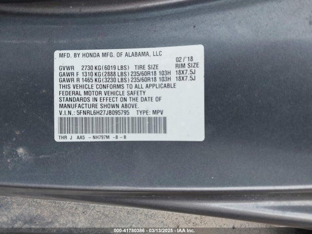 5FNRL6H27JB095795 Honda ODYSSEY LX