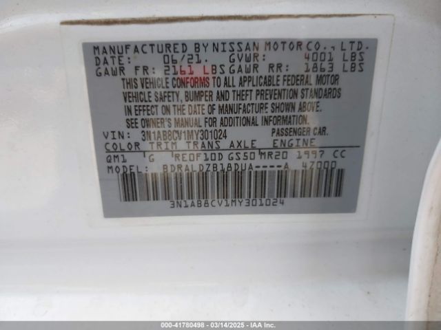 3N1AB8CV1MY301024 Nissan Sentra Sv Xtronic Cvt