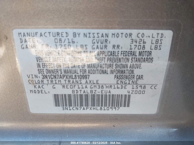 3N1CN7APXHL810997 Nissan Versa 1.6 Sv
