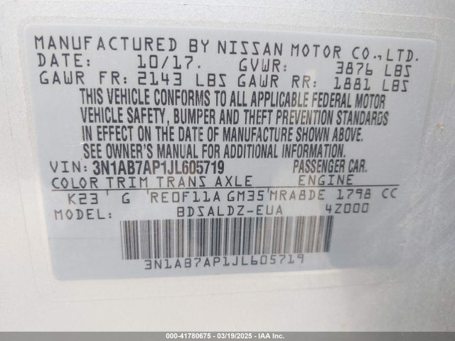 Nissan SENTRA SV 2018 3N1AB7AP1JL605719 Image 9