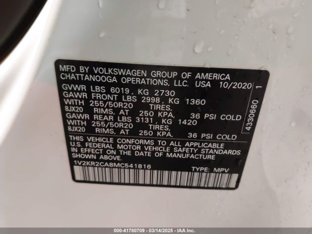 1V2KR2CA8MC541816 Volkswagen Atlas 3.6l V6 Se W/technology