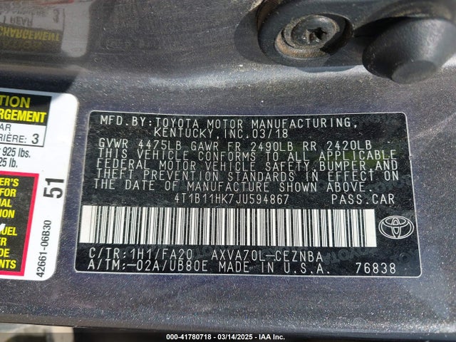 4T1B11HK7JU594867 Toyota CAMRY LE