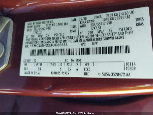 1FMCU9HD2JUC66686 Ford ESCAPE SEL