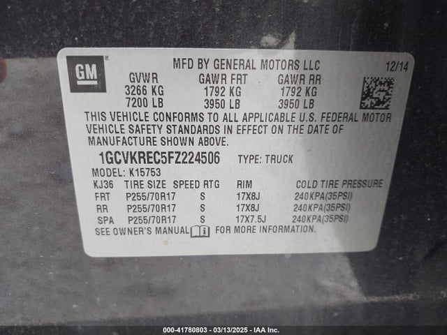 1GCVKREC5FZ224506 Chevrolet Silverado 1500 1lt