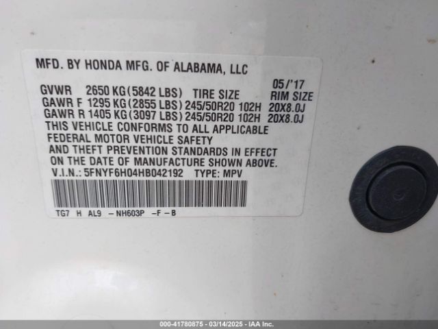 5FNYF6H04HB042192 Honda Pilot Elite