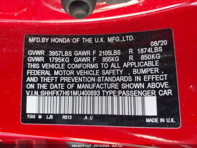 SHHFK7H61MU400693 Honda CIVIC EX