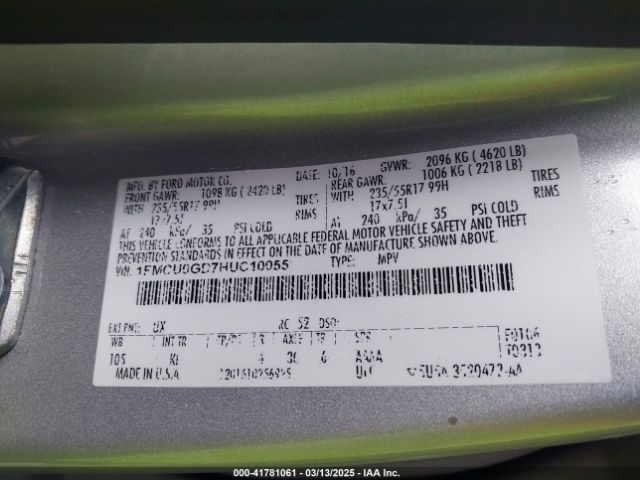 1FMCU0GD7HUC10055 Ford ESCAPE SE