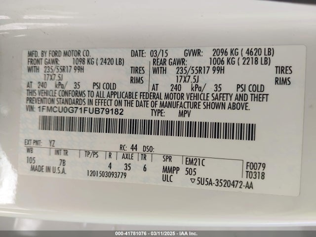 Ford ESCAPE SE 2015 1FMCU0G71FUB79182 Image 9