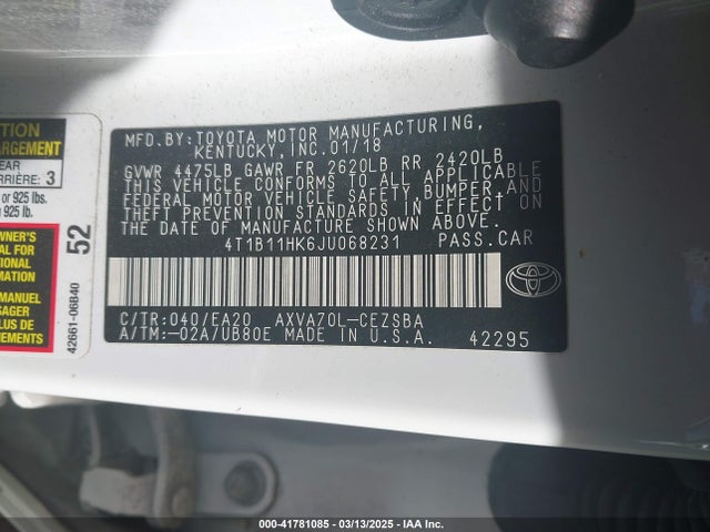 4T1B11HK6JU068231 Toyota CAMRY SE