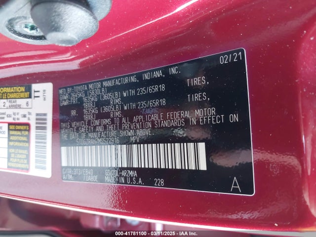 5TDGZRAH7MS522916 Toyota Highlander Xle