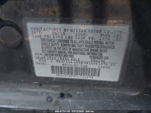 3N1CN7APXFL951193 Nissan Versa 1.6 Sv