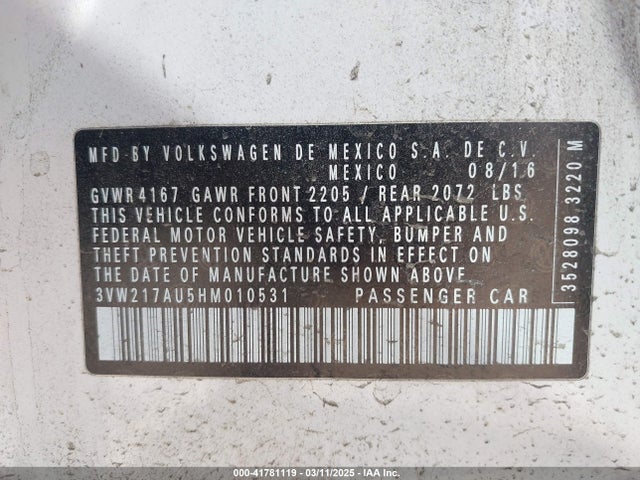 3VW217AU5HM010531 Volkswagen Golf Tsi Wolfsburg Edition 4-door