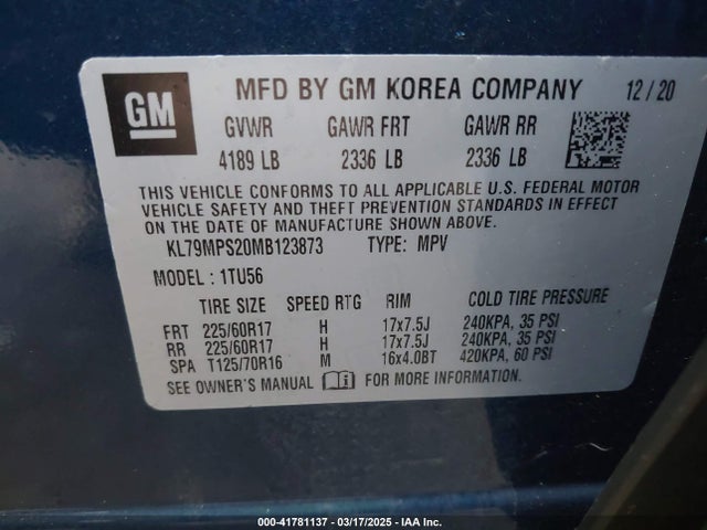 KL79MPS20MB123873 Chevrolet Trailblazer Fwd Lt