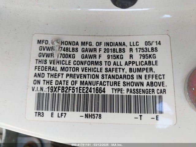Honda Civic Lx 2014 19XFB2F51EE241664 Image 9
