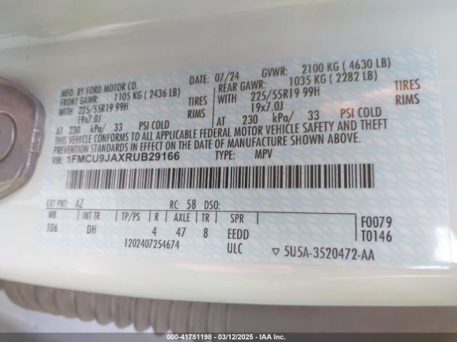 1FMCU9JAXRUB29166 Ford Escape Platinum