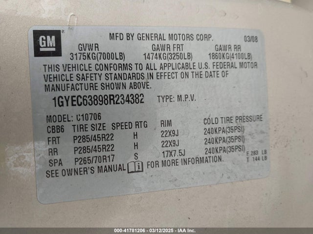2008 CADILLAC ESCALADE 1GYEC63898R234382 Photo 8